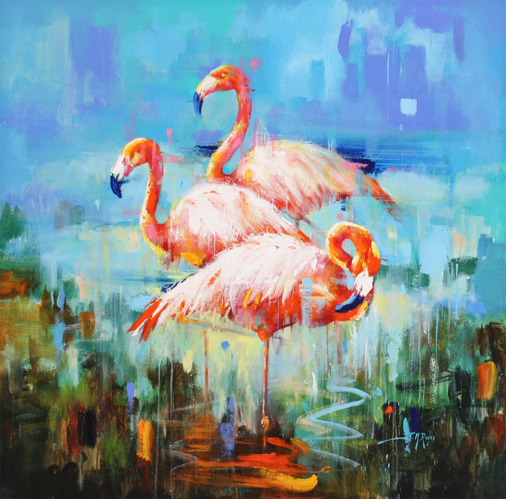 Jose Manuel Reyes - THREE FLAMINGOS - ACRYLIC ON CANVAS - 47 X 47