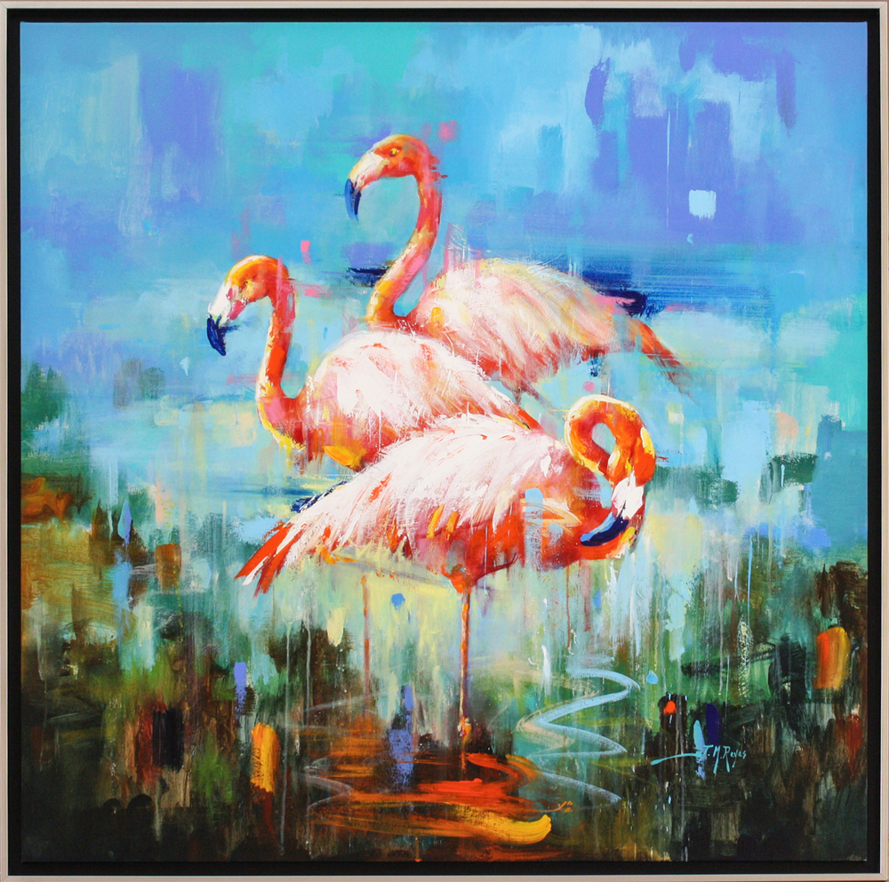 Jose Manuel Reyes - THREE FLAMINGOS - ACRYLIC ON CANVAS - 47 X 47