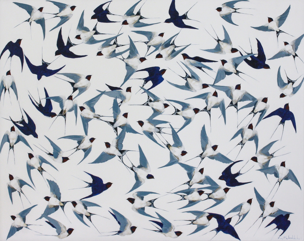 Kirsty May Hall - BARN SWALLOWS FLYING - ACRYLIC ON  CANVAS - 47 X 59