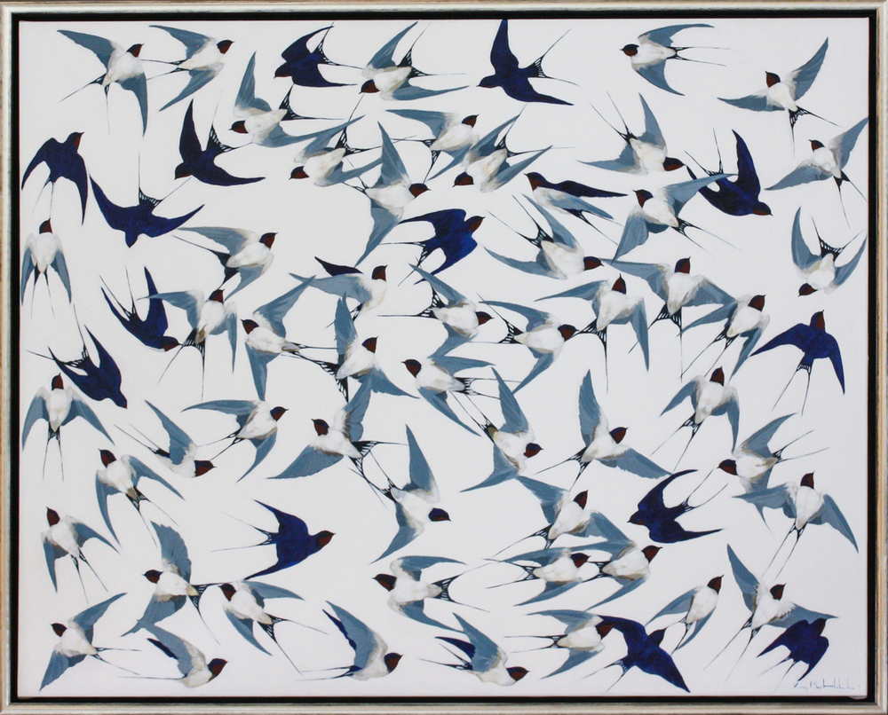 Kirsty May Hall - BARN SWALLOWS FLYING - ACRYLIC ON  CANVAS - 47 X 59