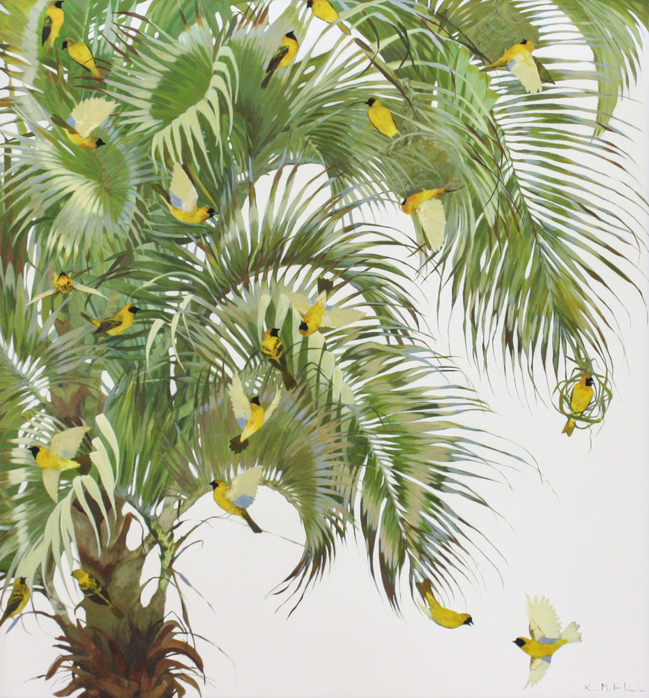 Kirsty May Hall - GOLDEN WEAVERS & PALM TREE - ACRYLIC ON  CANVAS - 59 X 54