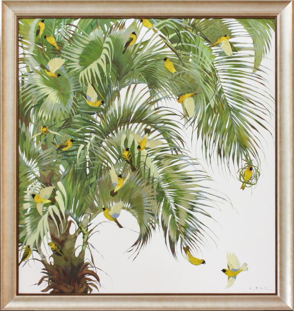 Kirsty May Hall - GOLDEN WEAVERS & PALM TREE - ACRYLIC ON  CANVAS - 59 X 54