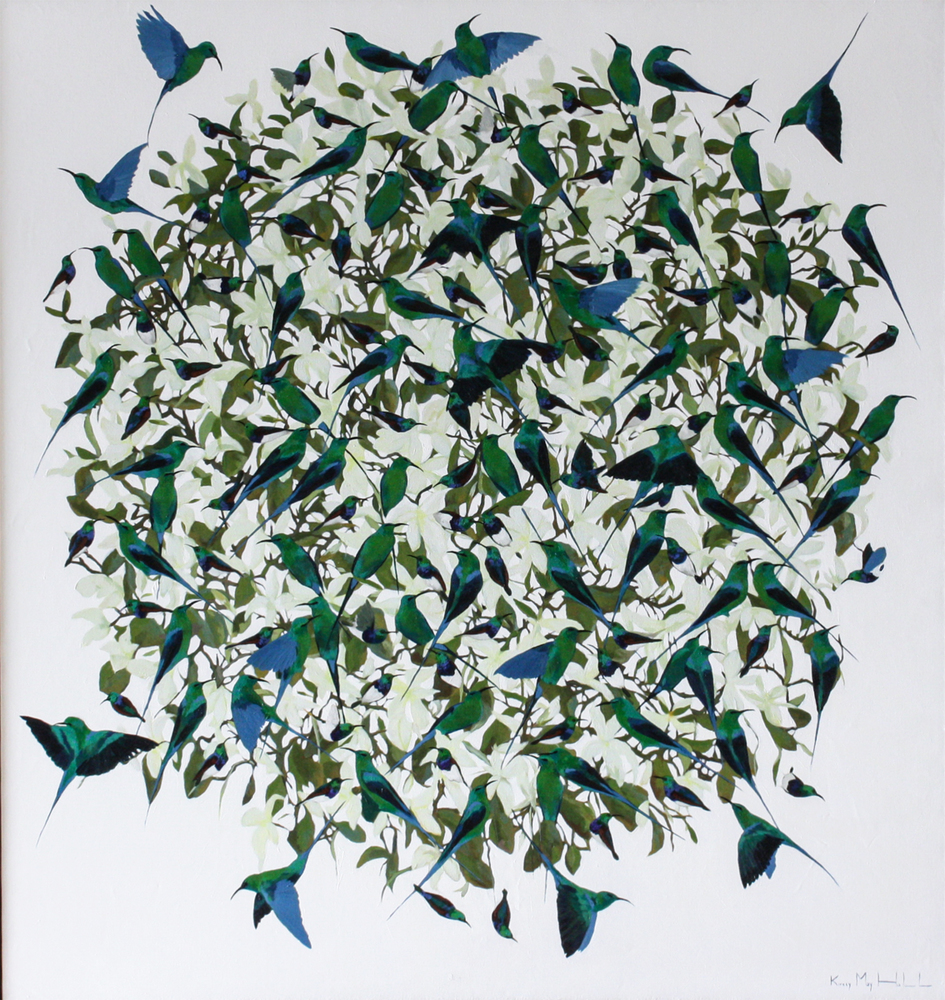 Kirsty May Hall - MALACHITE SUNBIRDS & BUTTERFLY FLOWERS - ACRYLIC ON  CANVAS - 59 X 55