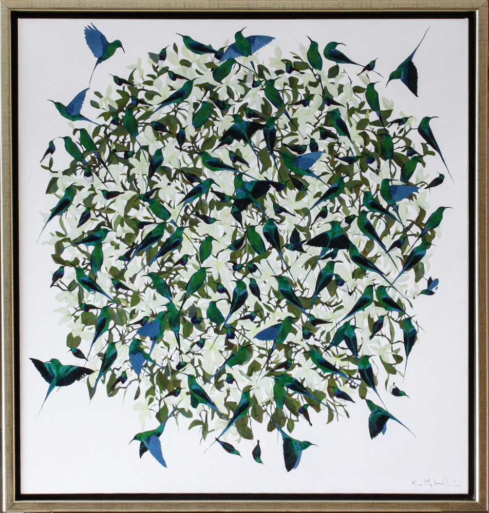 Kirsty May Hall - MALACHITE SUNBIRDS & BUTTERFLY FLOWERS - ACRYLIC ON  CANVAS - 59 X 55