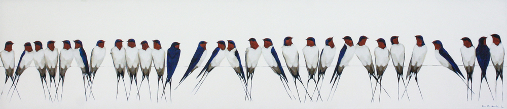 Kirsty May Hall - BARN SWALLOWS ON A WIRE - ACRYLIC ON  CANVAS - 13 X 59