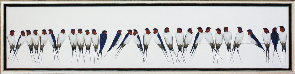 Kirsty May Hall - BARN SWALLOWS ON A WIRE - ACRYLIC ON  CANVAS - 13 X 59